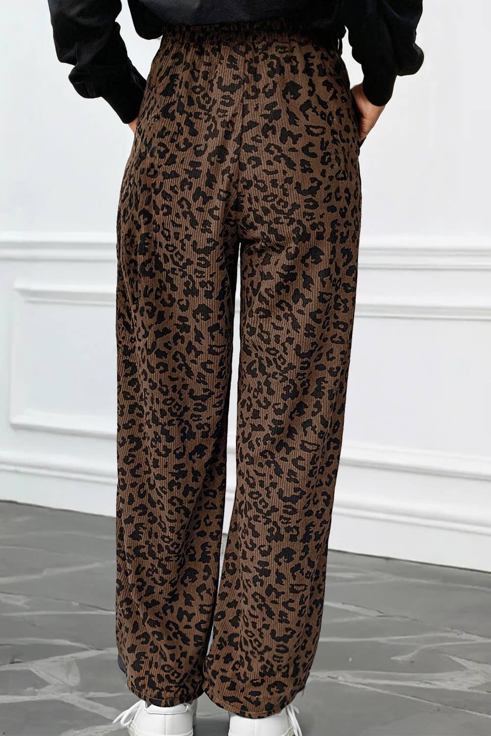 Leopard Print Elastic High Waist Loose Corduroy Pants: Brown Leopard