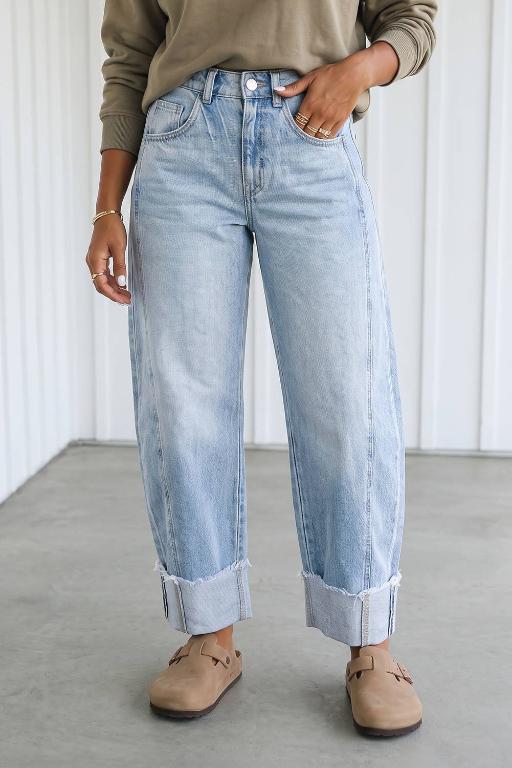 Raw Hem Turnup Loose Ankle-length Pocket Jeans (4-16)