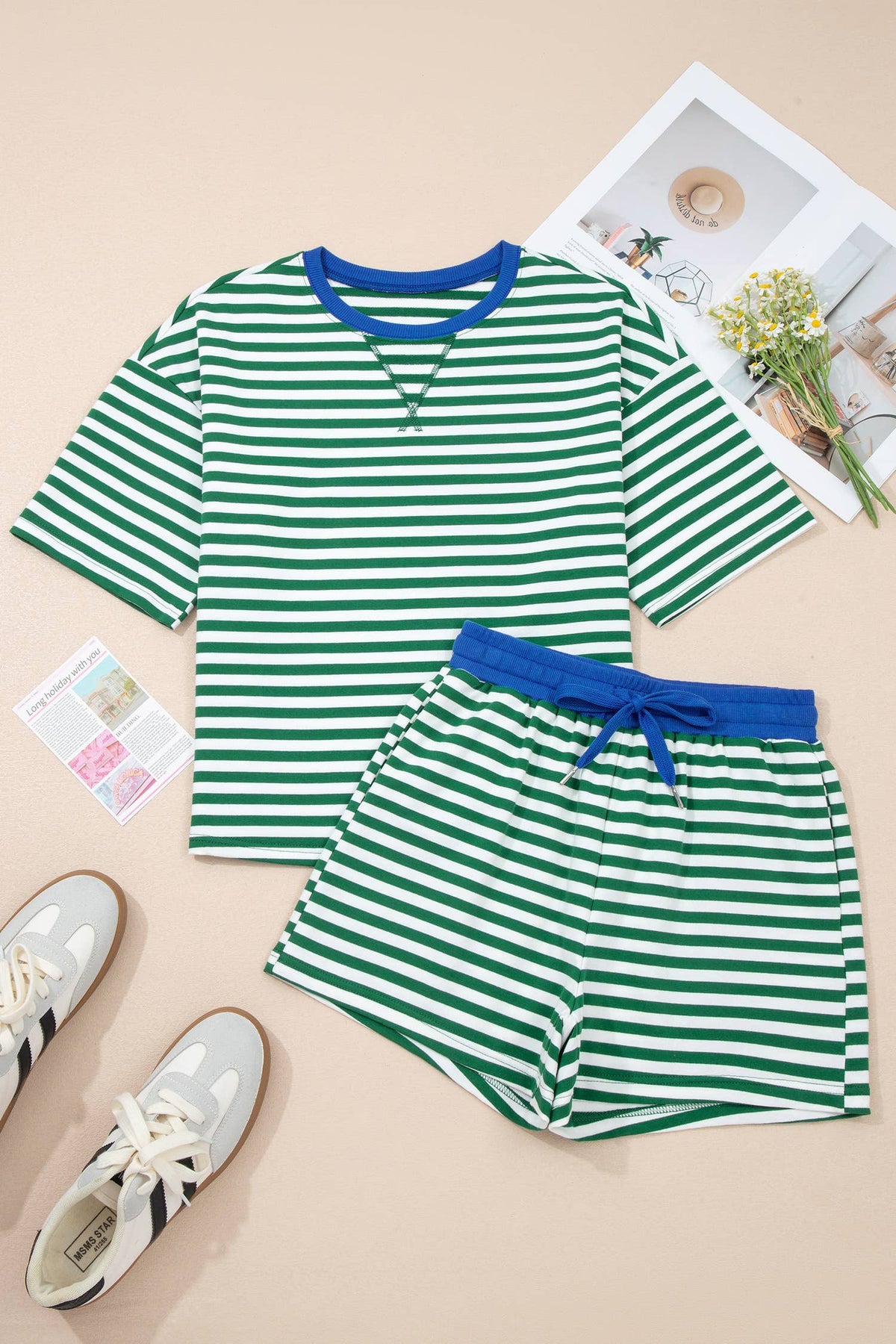 Stripe Contrast Trim Boxy Terry Short Set (S-XL)