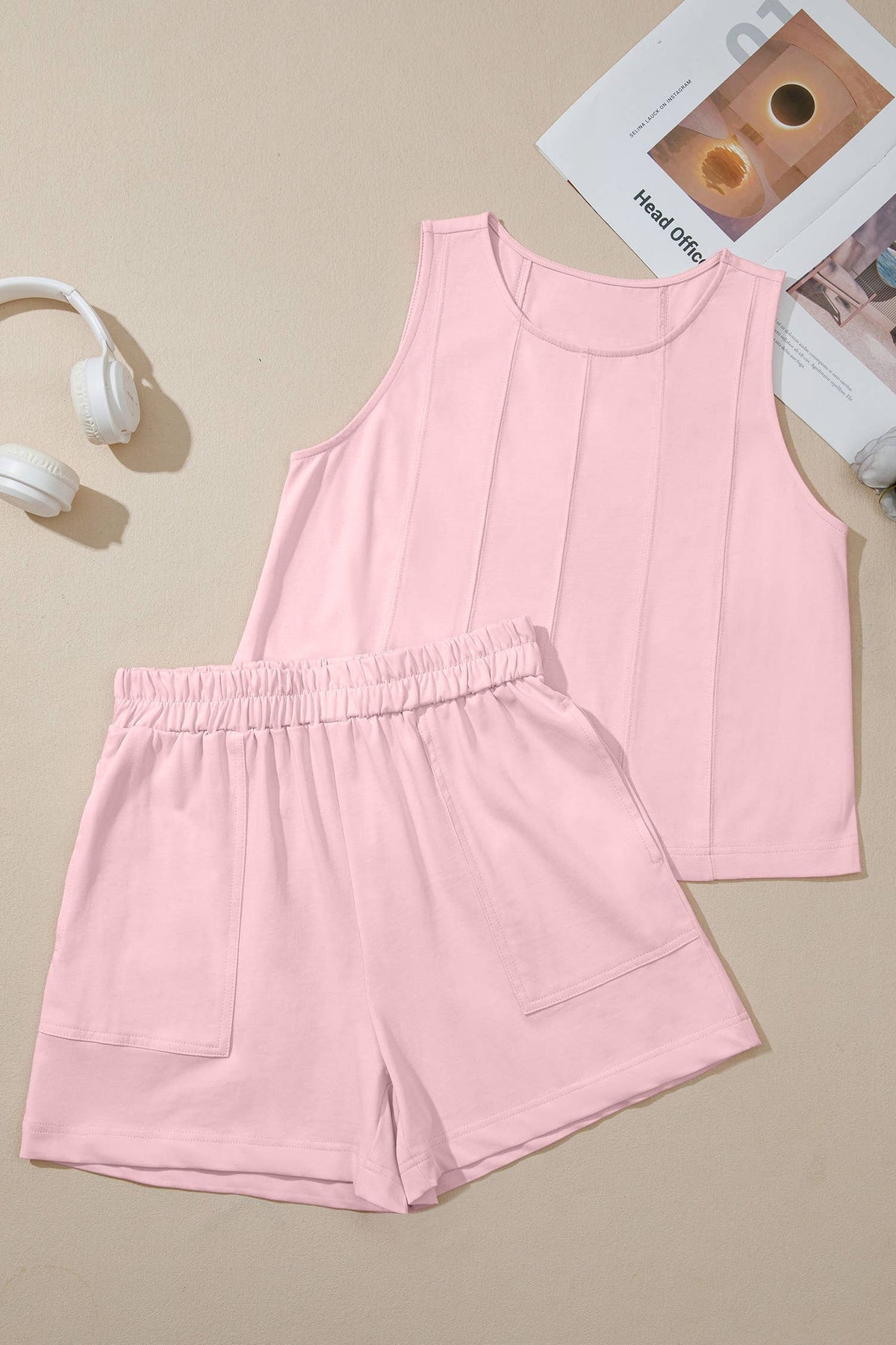 Stitched Detail Loose Tank Top and Shorts Set - Pre-order only