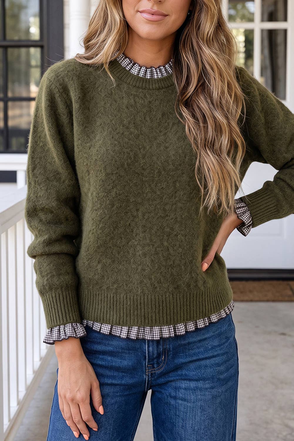 Contrast Plaid Ruffle Trim Pullover Sweater