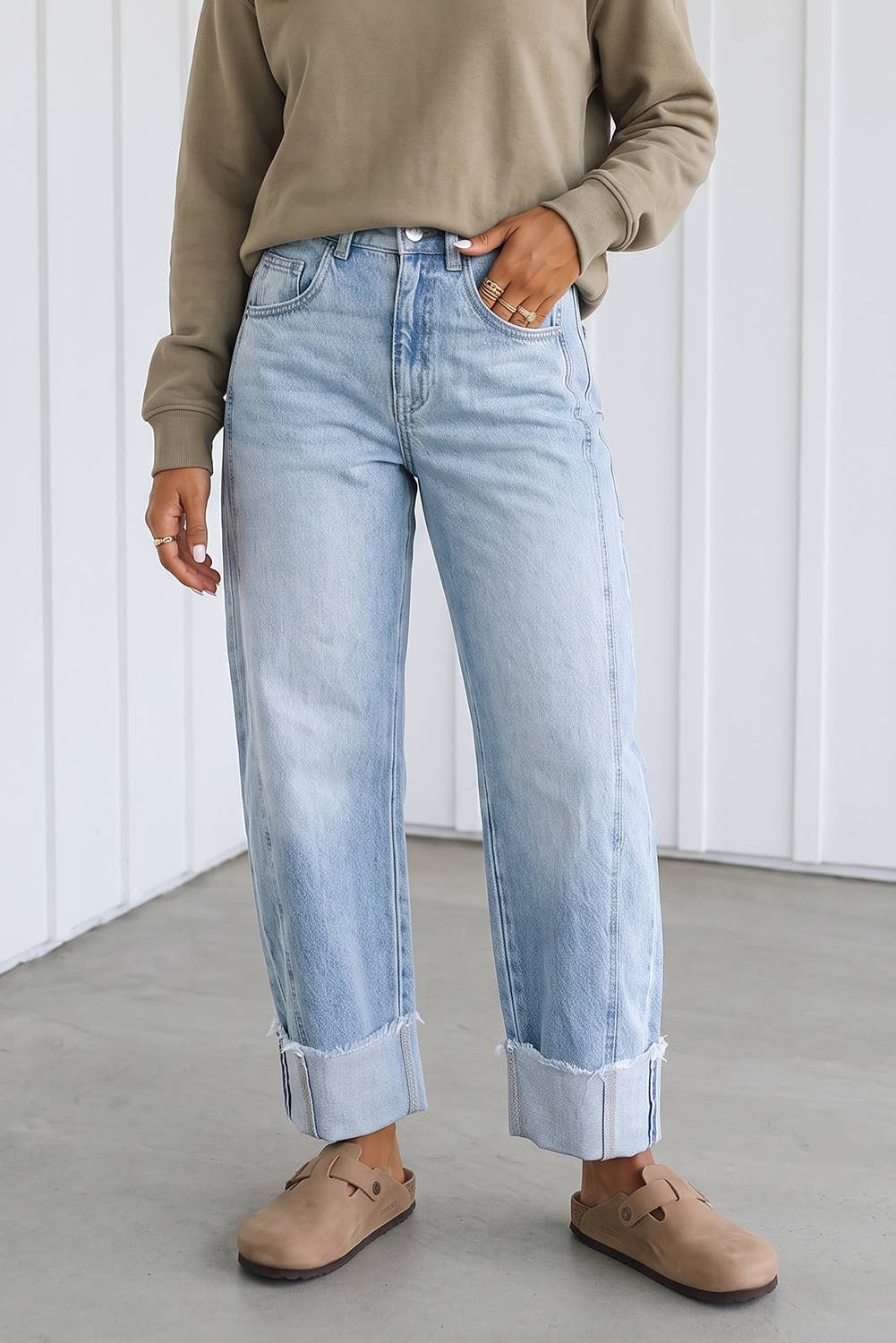 Raw Hem Turnup Loose Ankle-length Pocket Jeans (4-16)