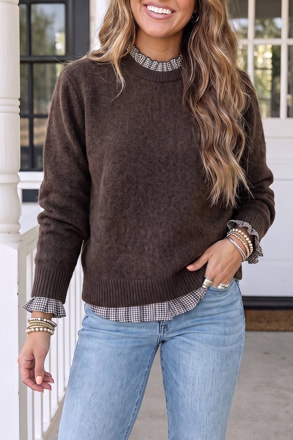 Contrast Plaid Ruffle Trim Pullover Sweater