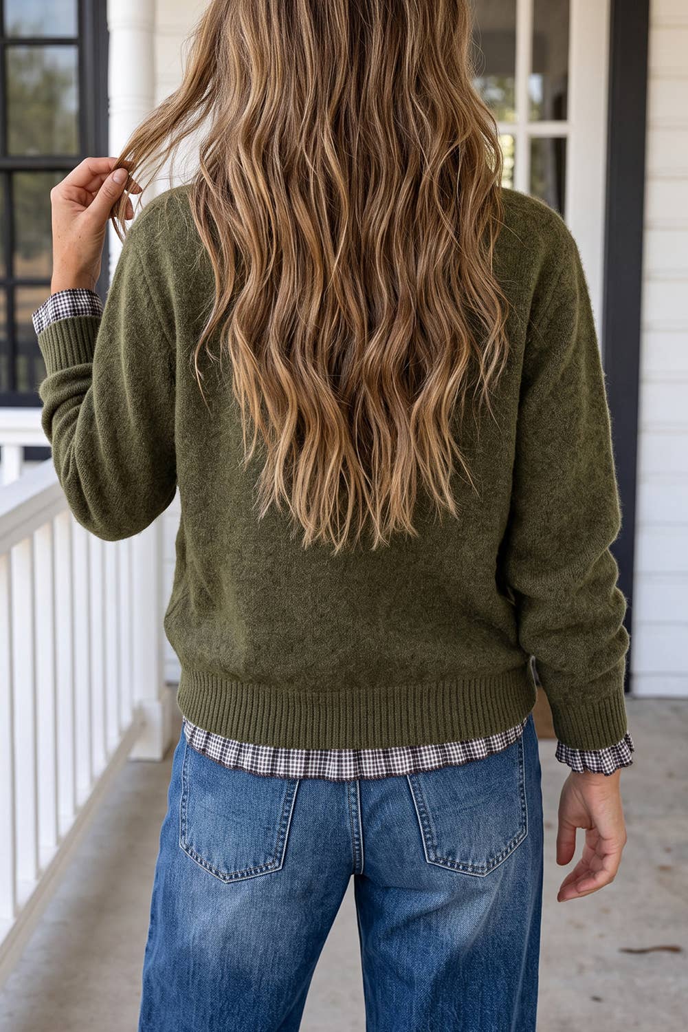 Contrast Plaid Ruffle Trim Pullover Sweater