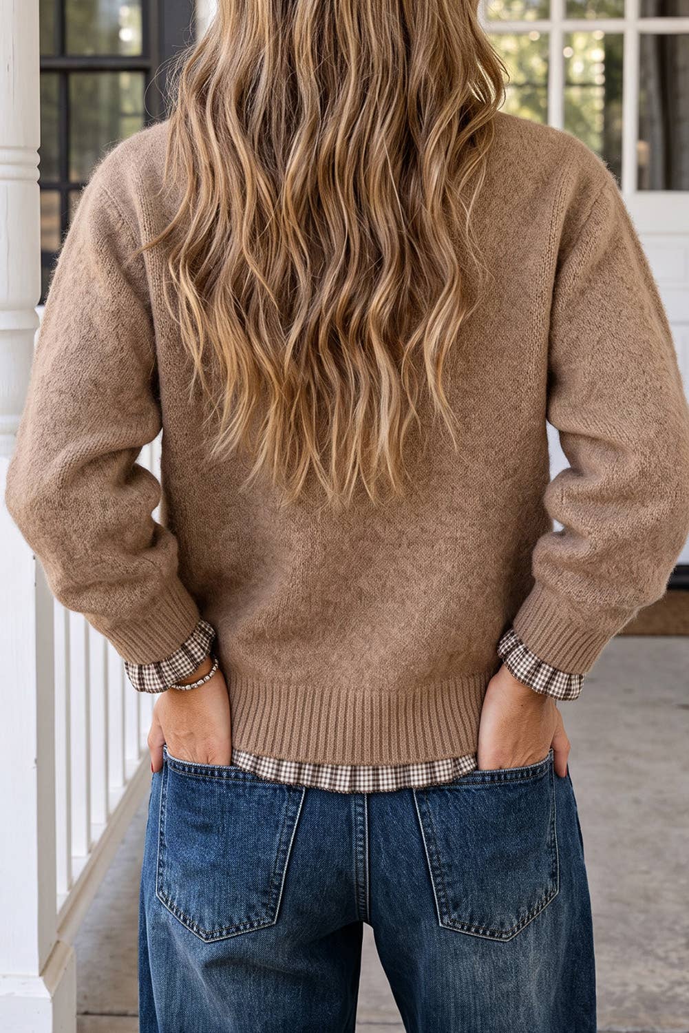 Contrast Plaid Ruffle Trim Pullover Sweater