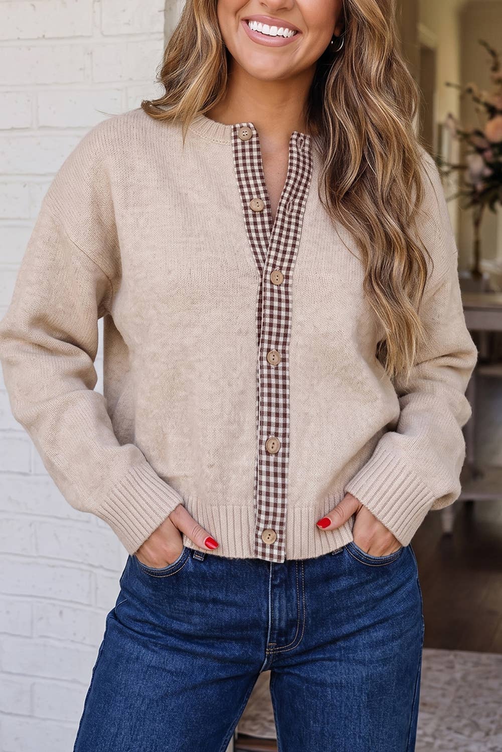 Colorblock Plaid Trim Knit Sweater Cardigan (S-XL)