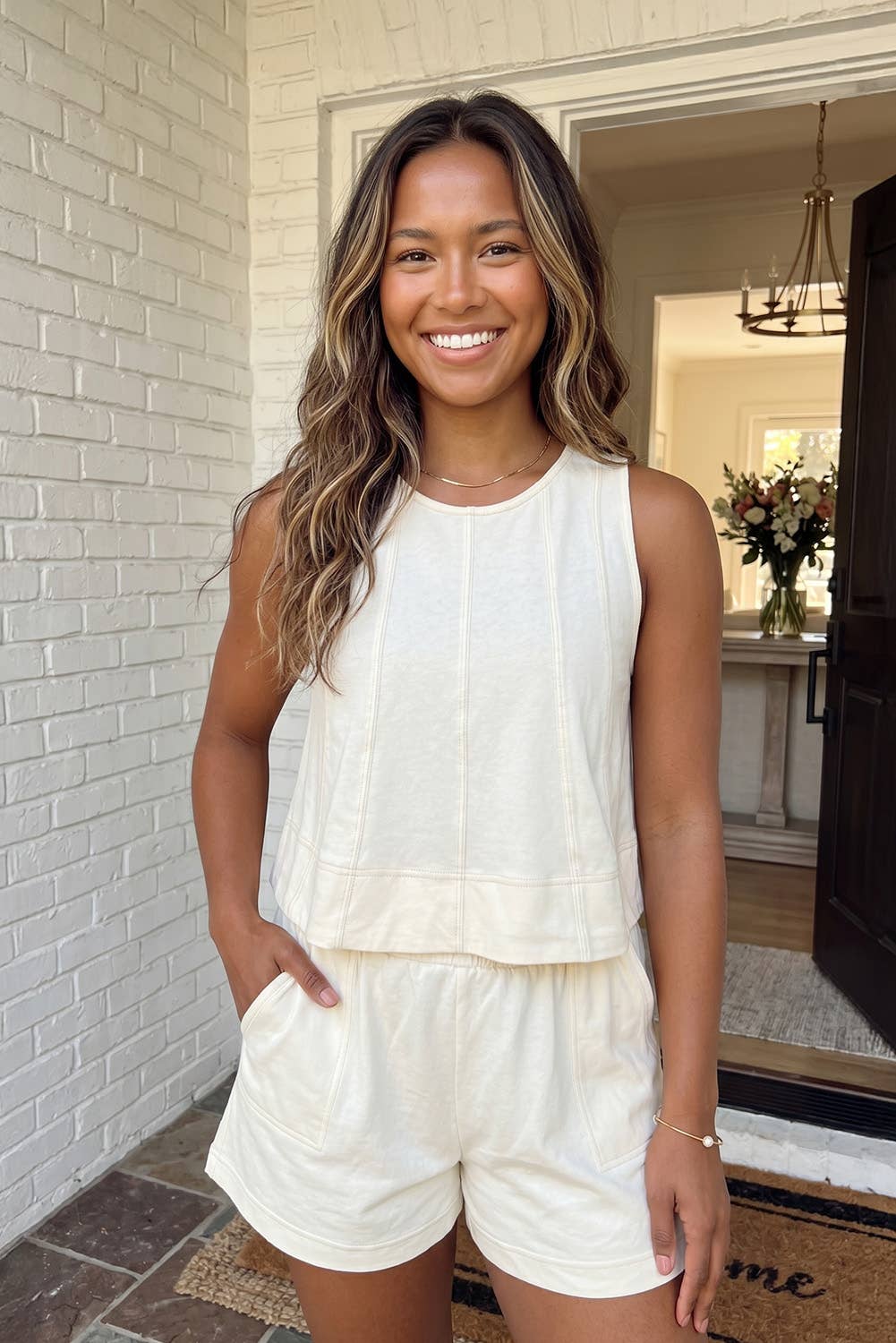 Stitched Detail Loose Tank Top and Shorts Set