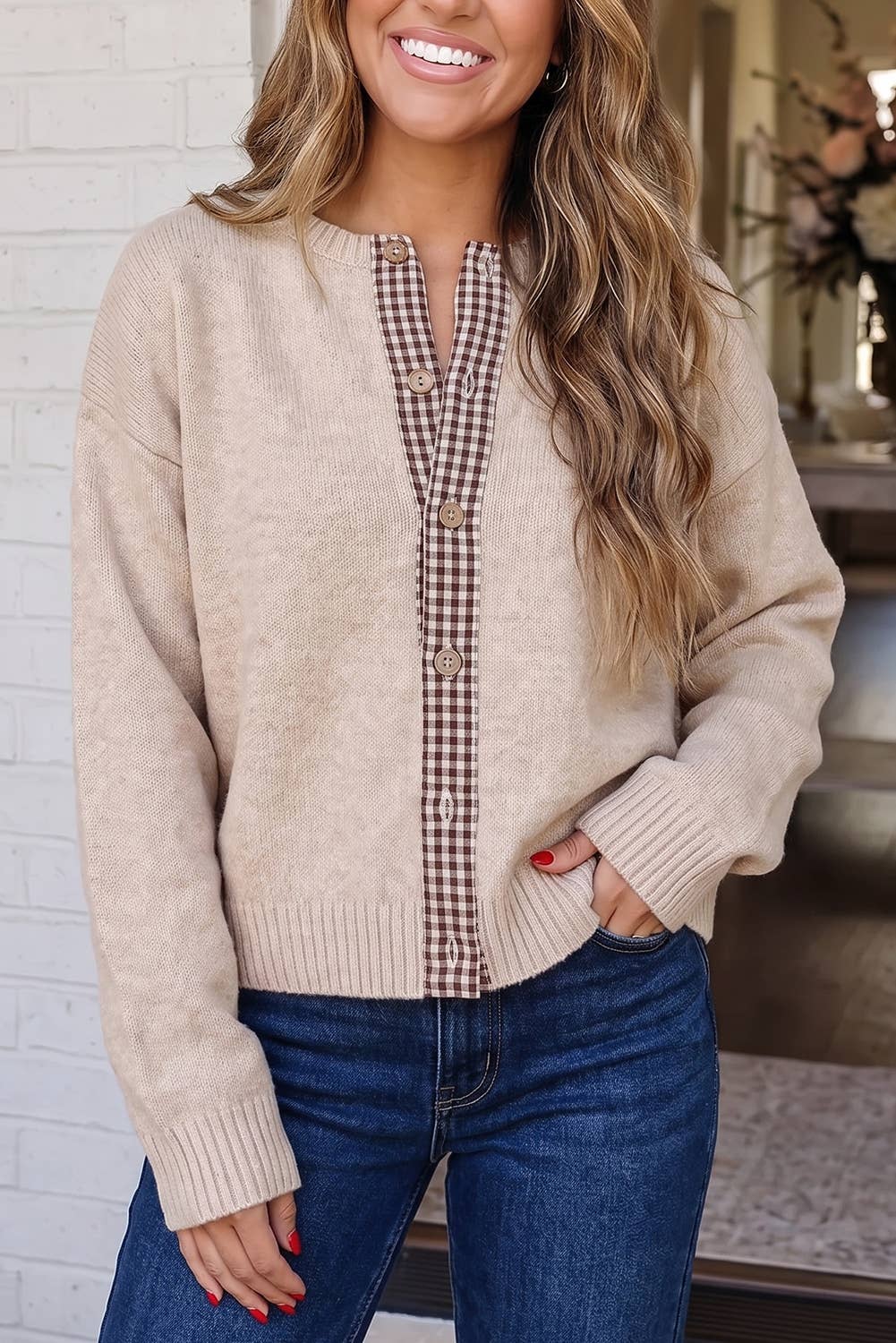 Colorblock Plaid Trim Knit Sweater Cardigan (S-XL)