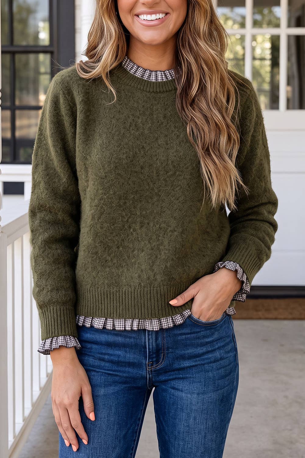 Contrast Plaid Ruffle Trim Pullover Sweater