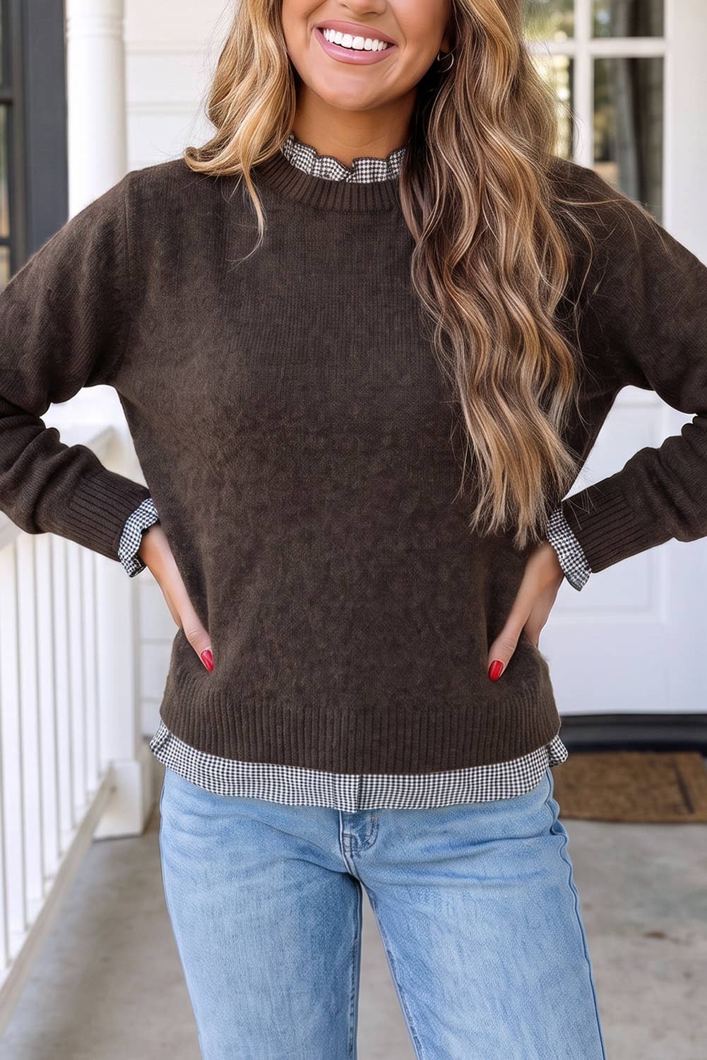 Contrast Plaid Ruffle Trim Pullover Sweater