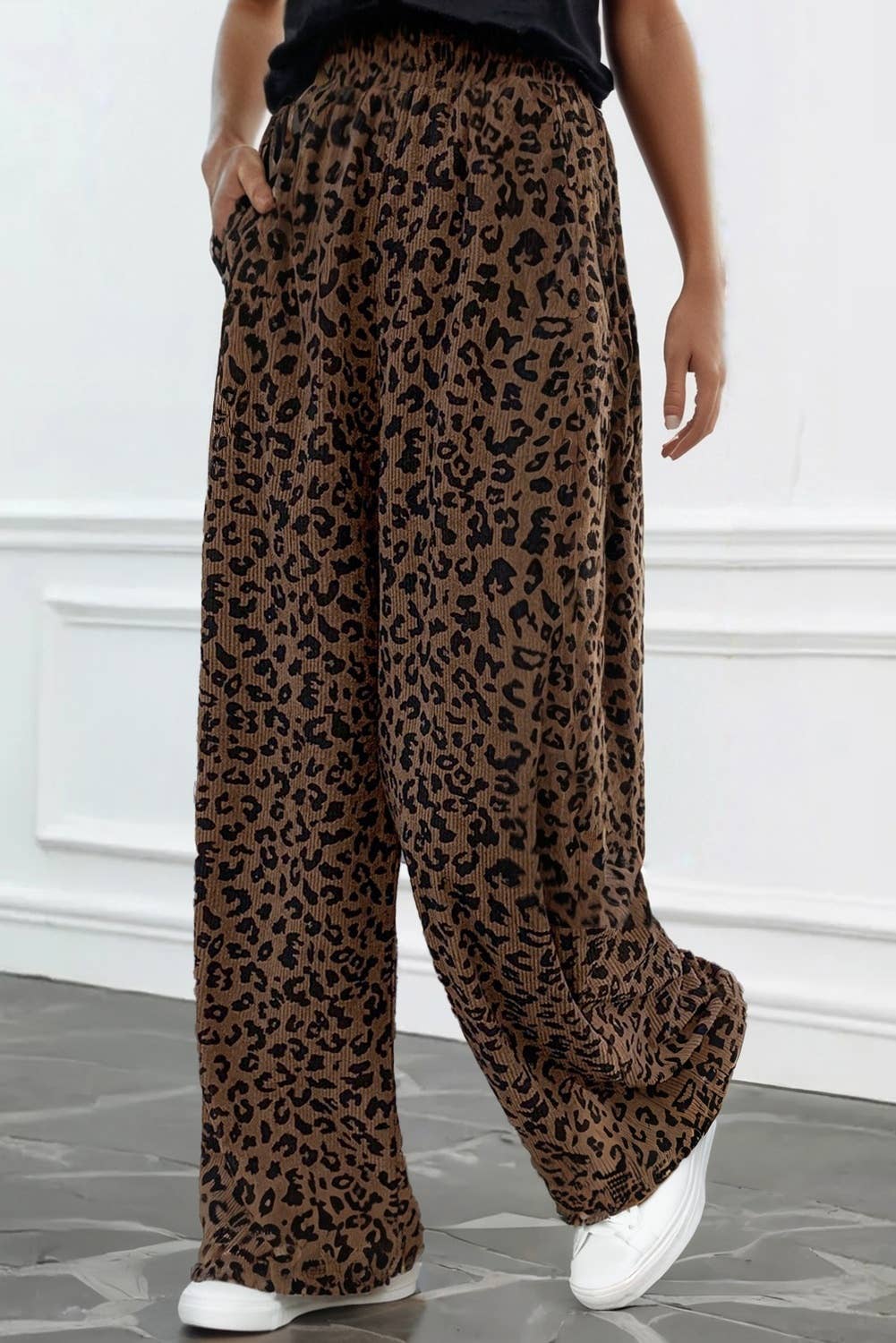 Leopard Print Elastic High Waist Loose Corduroy Pants: Brown Leopard