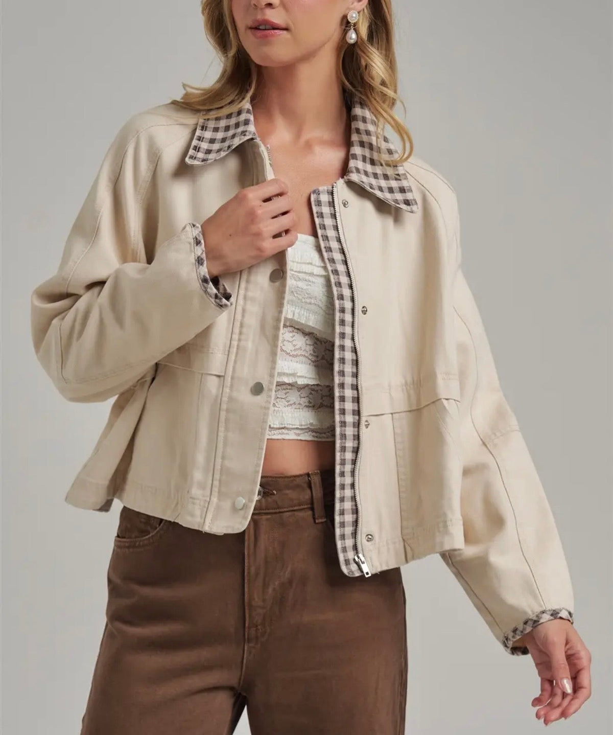 Gingham Trim Cropped Jacket