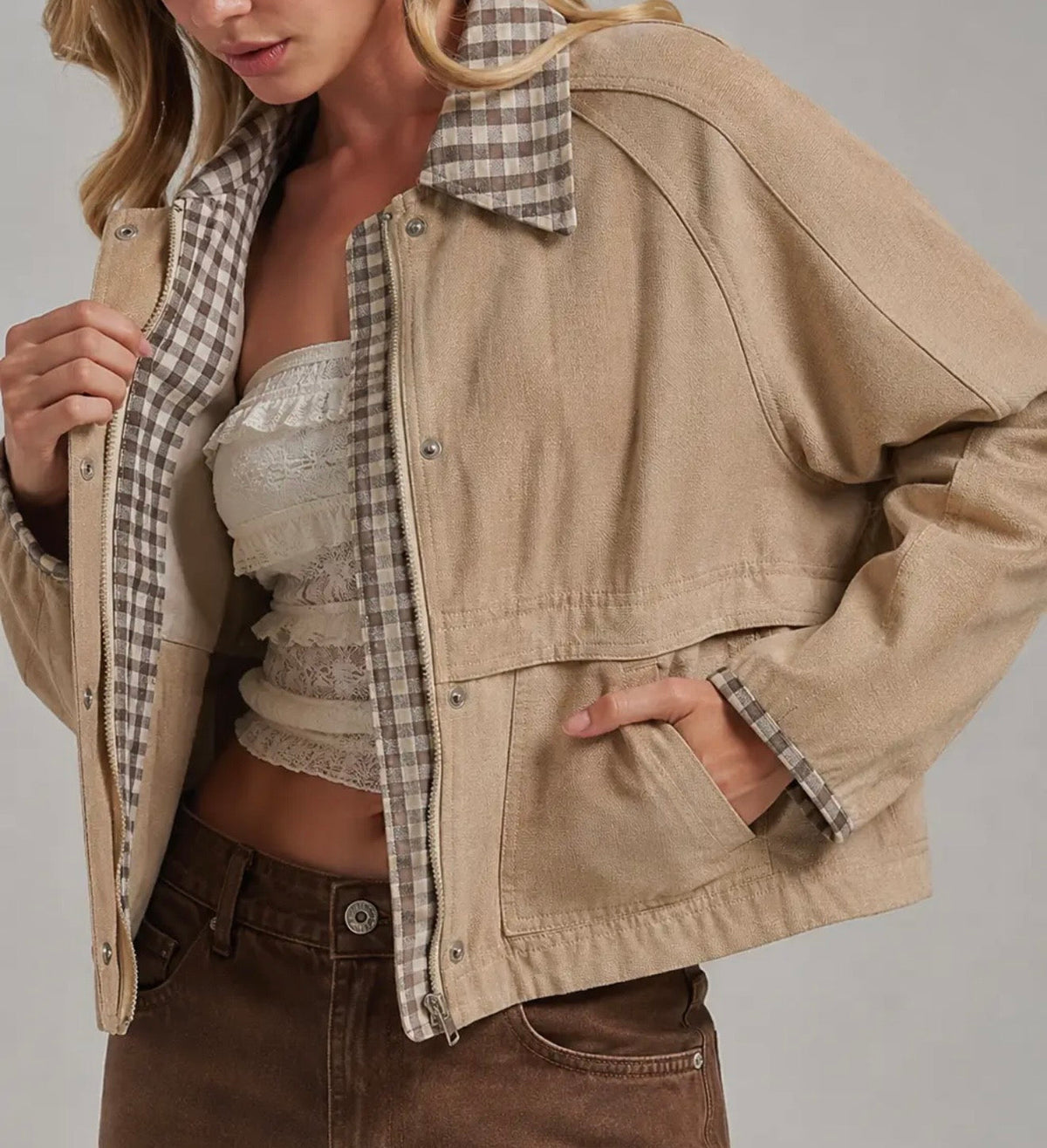 Gingham Trim Cropped Jacket