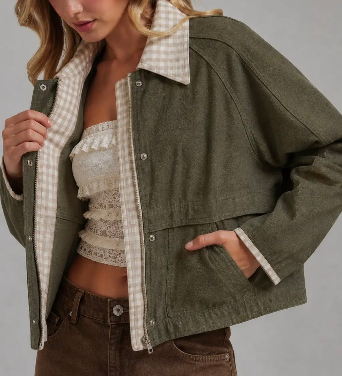 Gingham Trim Cropped Jacket