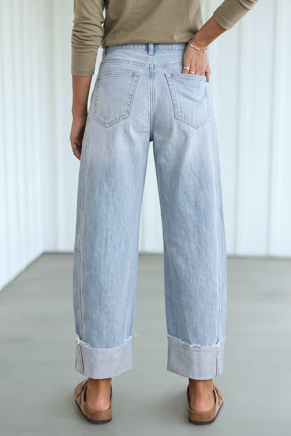 Raw Hem Turnup Loose Ankle-length Pocket Jeans (4-16)