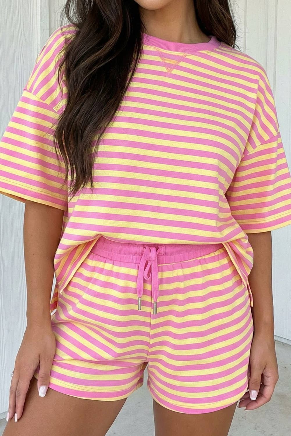 Stripe Contrast Trim Boxy Terry Short Set (S-XL)