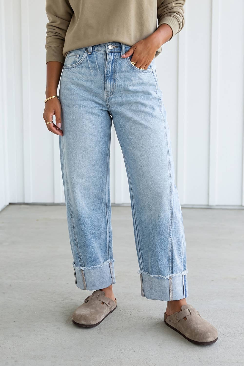 Raw Hem Turnup Loose Ankle-length Pocket Jeans (4-16)