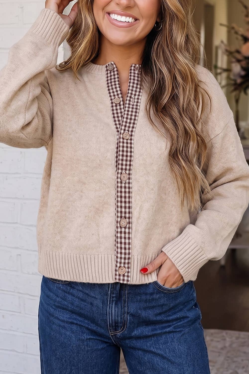 Colorblock Plaid Trim Knit Sweater Cardigan (S-XL)
