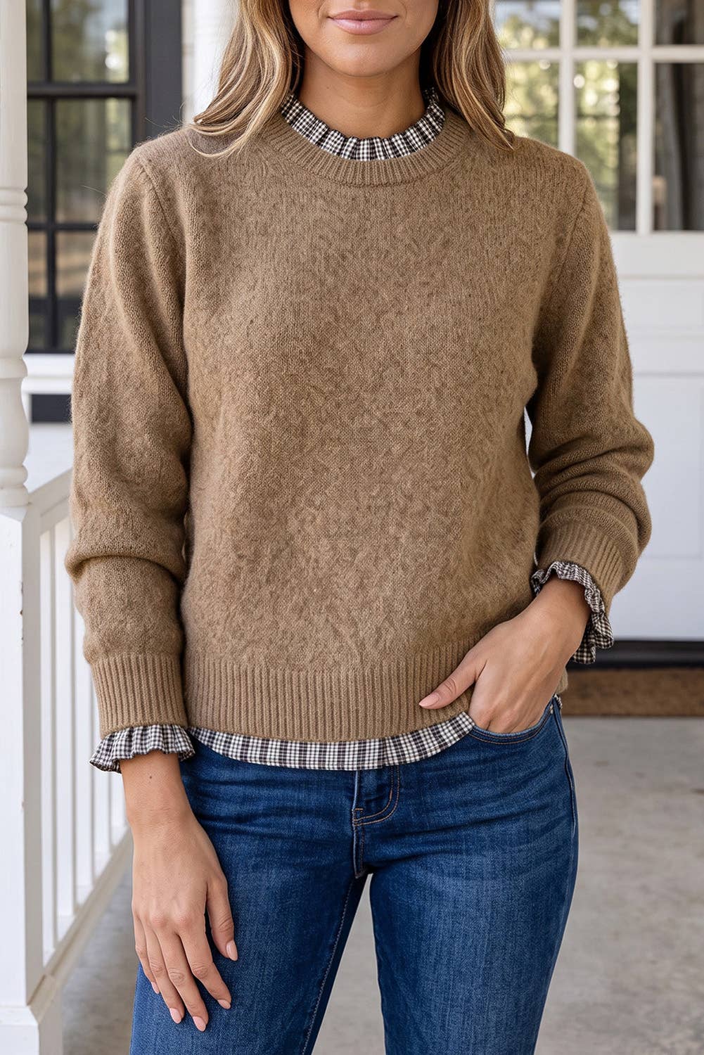 Contrast Plaid Ruffle Trim Pullover Sweater