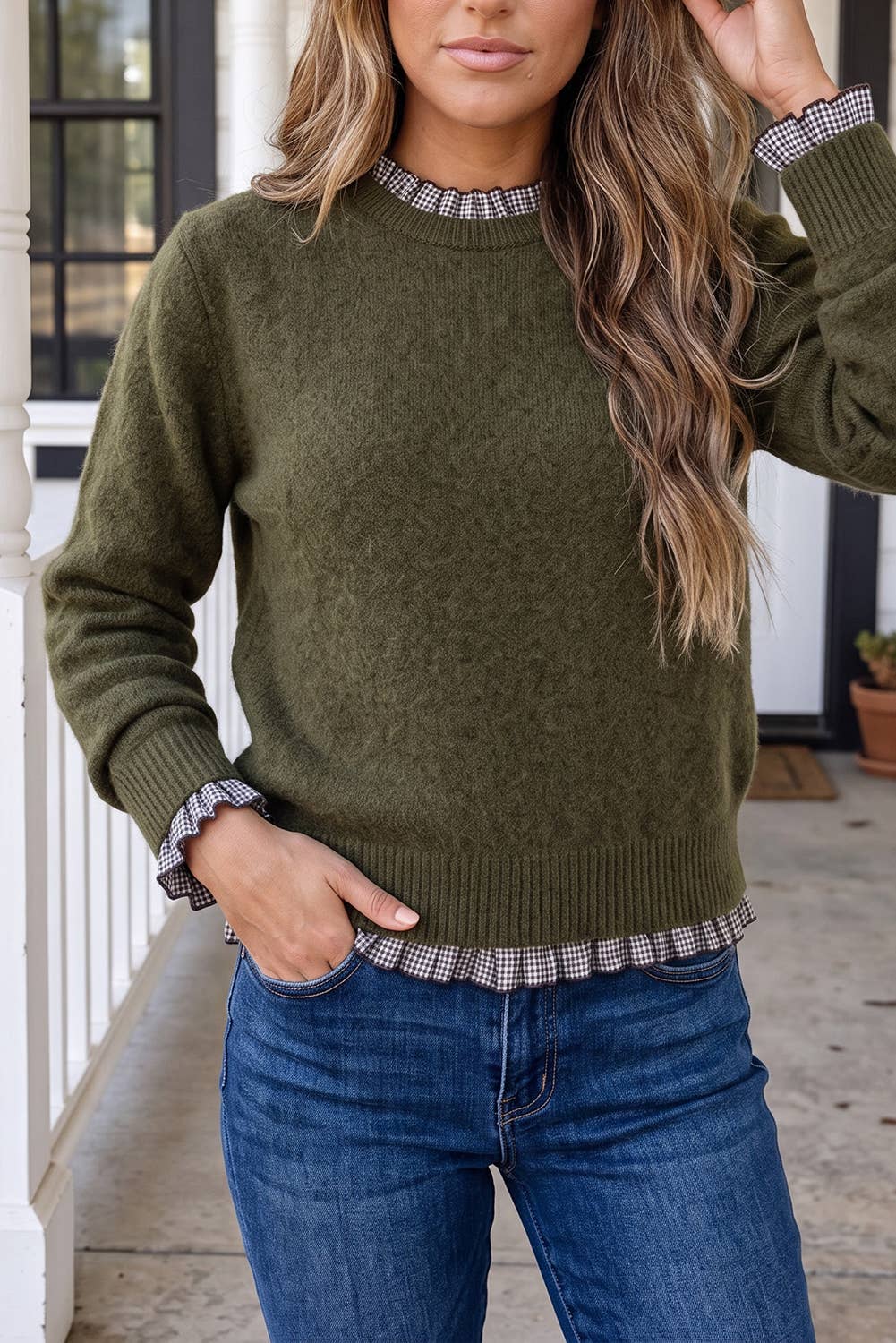 Contrast Plaid Ruffle Trim Pullover Sweater