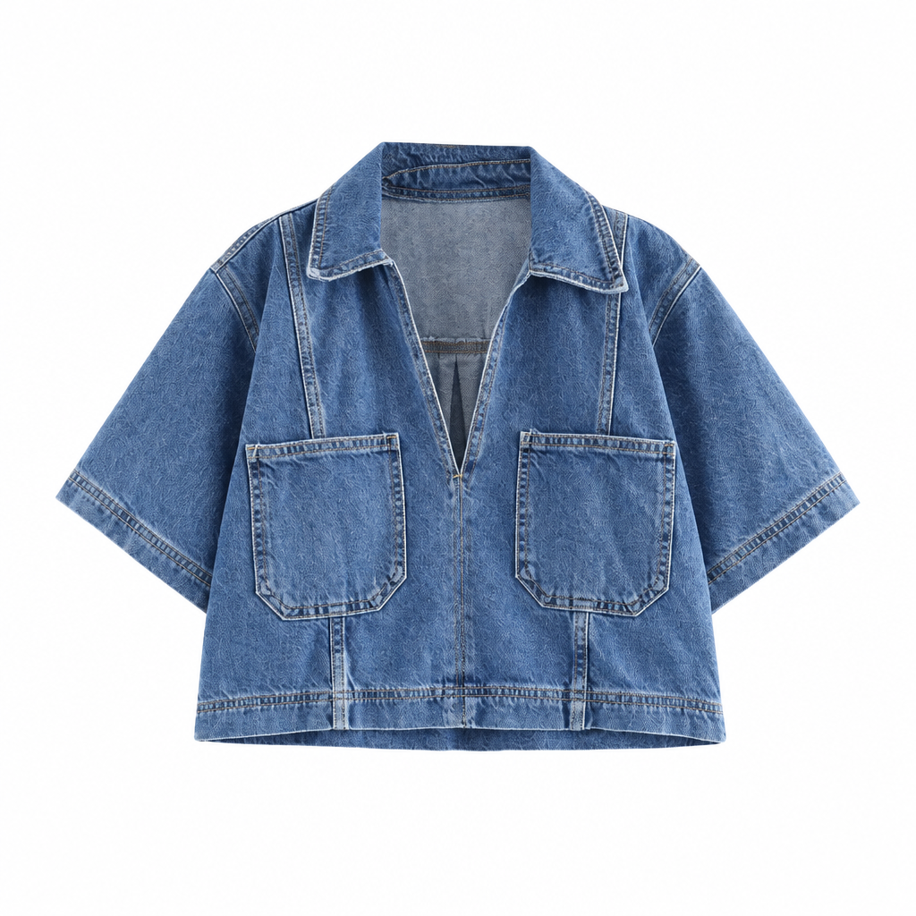 Cropped Short Sleeve Denim Top